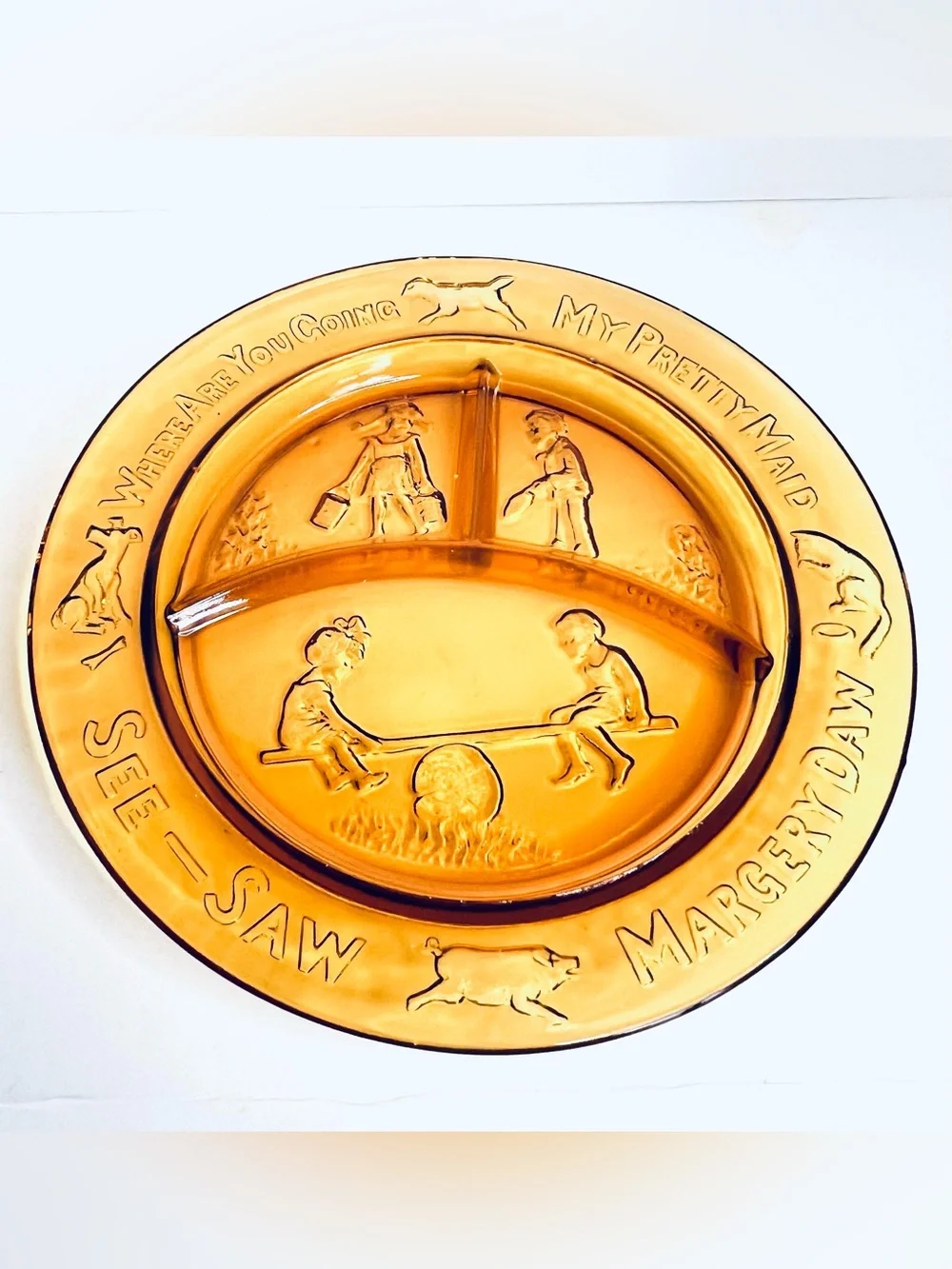 Vintage Tiara Indiana Glass Mother Goose Amber Childs Divided Plate Bowl Set